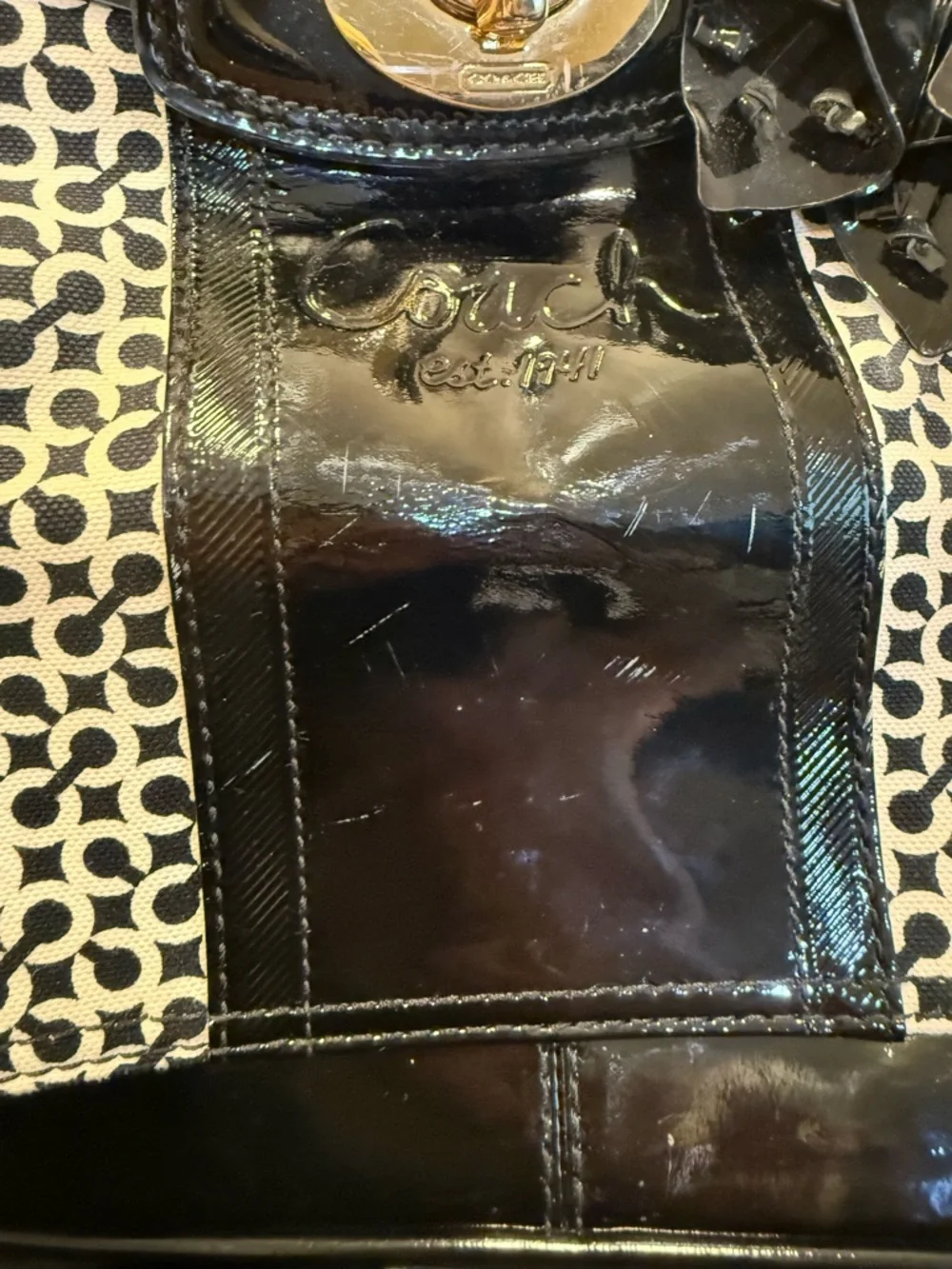 Coach Black and Cream Signature Tote with Patent Trim and Gold Hardware